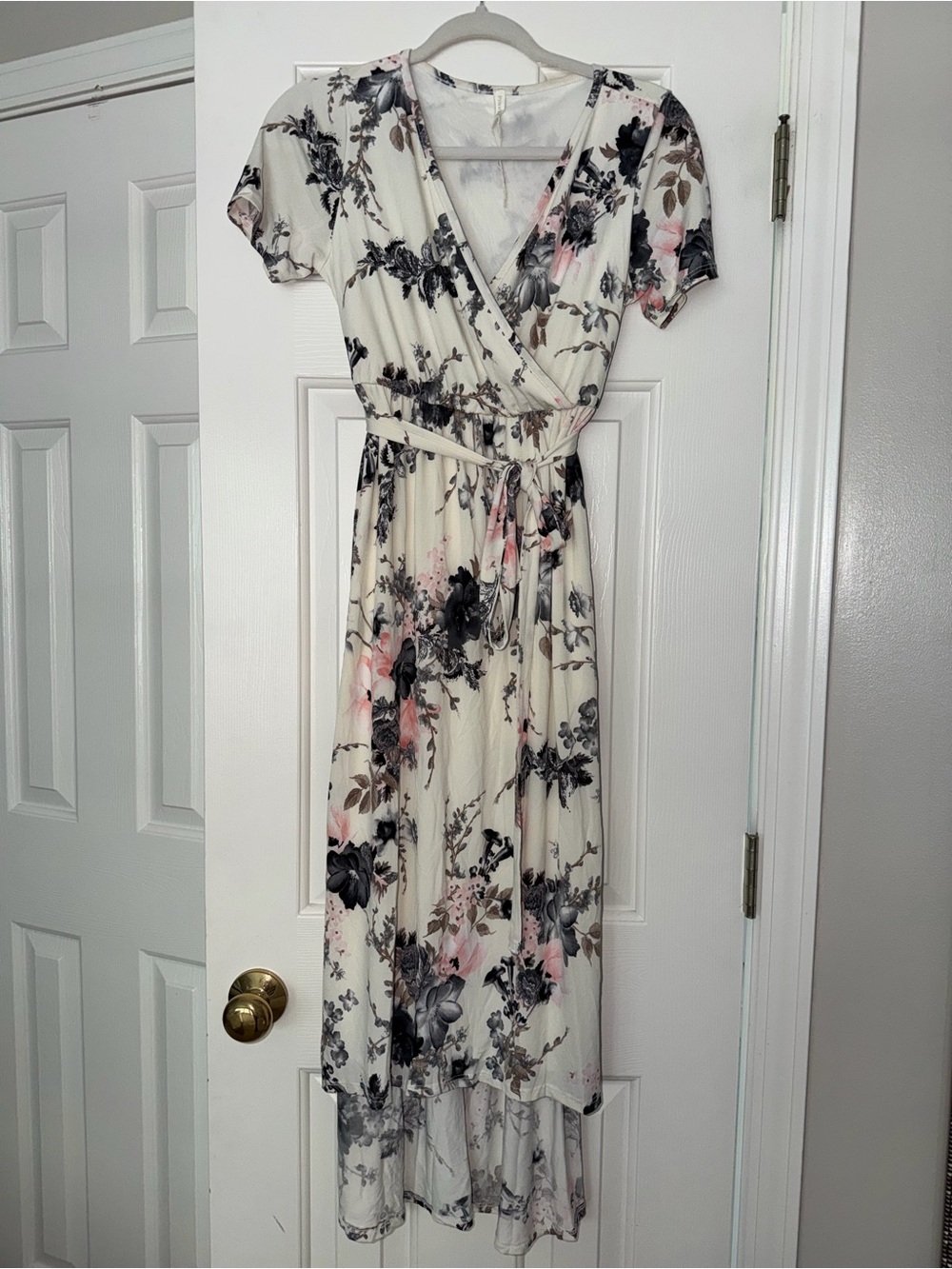 Pinkblush Cream Floral Wrap Dress with Pink and Gray Accents